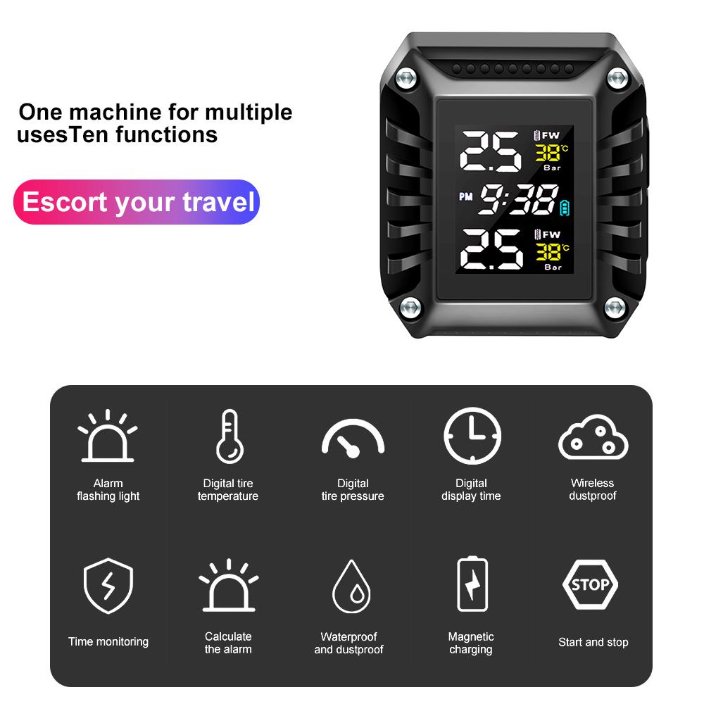 Kabelloses Motorrad TPMS Motorrad Reifendrucküberwachungssystem mit Reifentemperatur-Alarm und 2 externen Sensoren Zeitanzeige