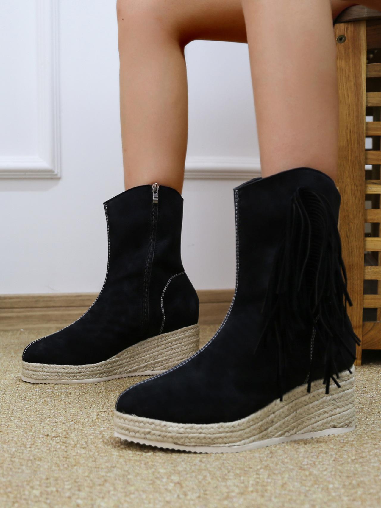 

Large size women s cotton shoes spring and autumn new retro European and American slope heel fringed zipper fashionable Spice Girls cotton boots 43 чёрный