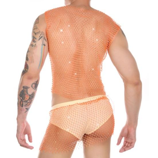 Men Sexy Night Club Vest Square Collar Sleeveless Fishnet Vest Slim Fit Hollow Perspective Mesh Tops Shiny