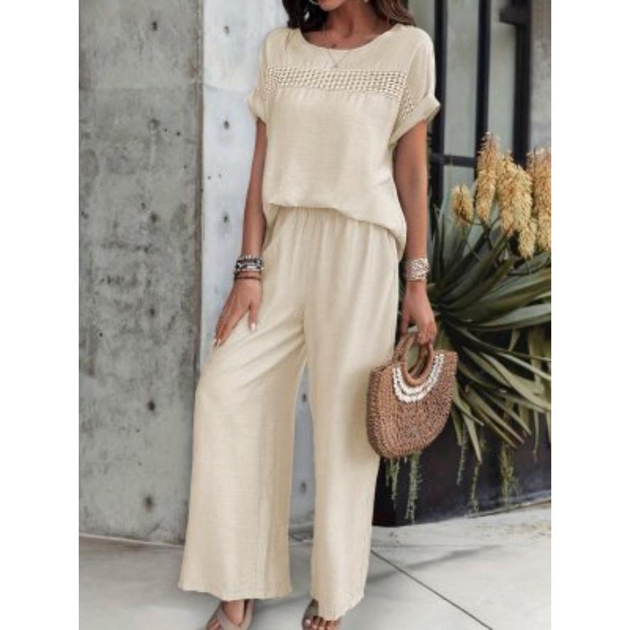 YYFS Women's Fashion Casual Summer Spring Solid Color Print Short Sleeve O-Neck Trousers Pants Suits