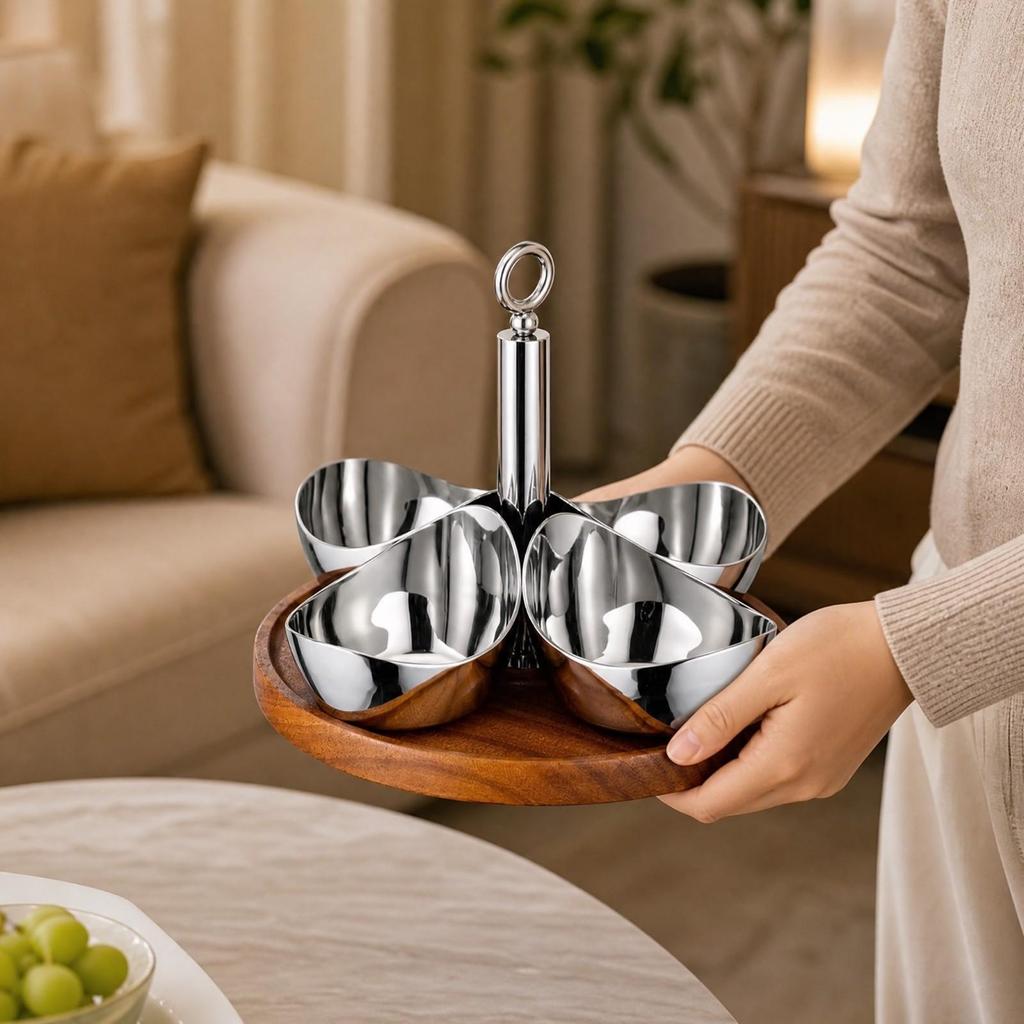 4 Pieces Stainless Steel Snack Bowl with Wooden Tray Reflective Polished Serving