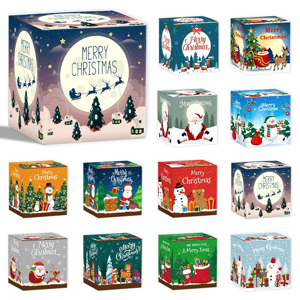 12pcs New Christmas Candy Box Merry Christmas Gift Packing Box Kraft Paper Candy Cookies Snack Boxes for Xmas New Year Party