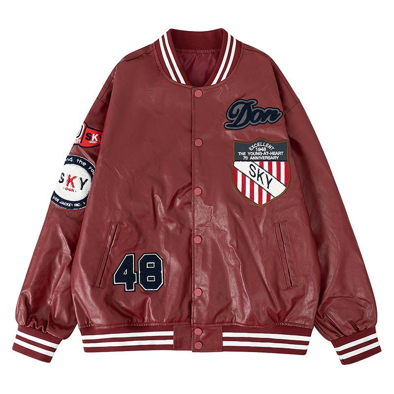 Mens PU Leather Jacket American Motorcycle Suit Baseball Suit Bomber Fall/Winter Loose Embroidered PU Leather Jacket Cross