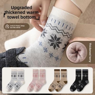 4 Pairs of Snowflake Socks, Women's Retro Style, Fleece Thickened Warm Loop Socks, Winter Towel Bottom Sleeping Socks, Women's Socks
