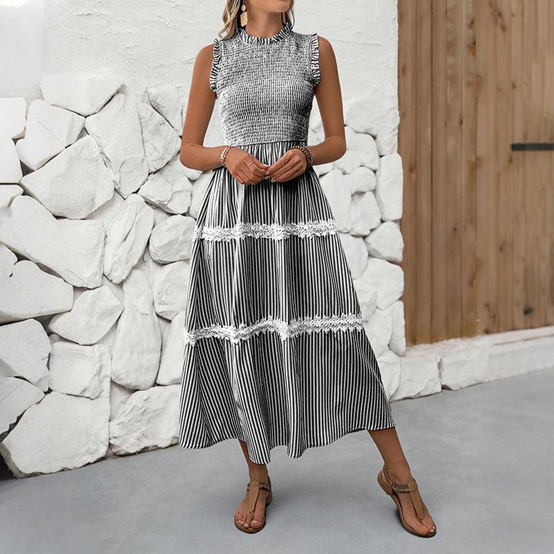 Summer 2026 Middle East High-End Lace Trim Patchwork Maxi Slip Dress with French Stripes