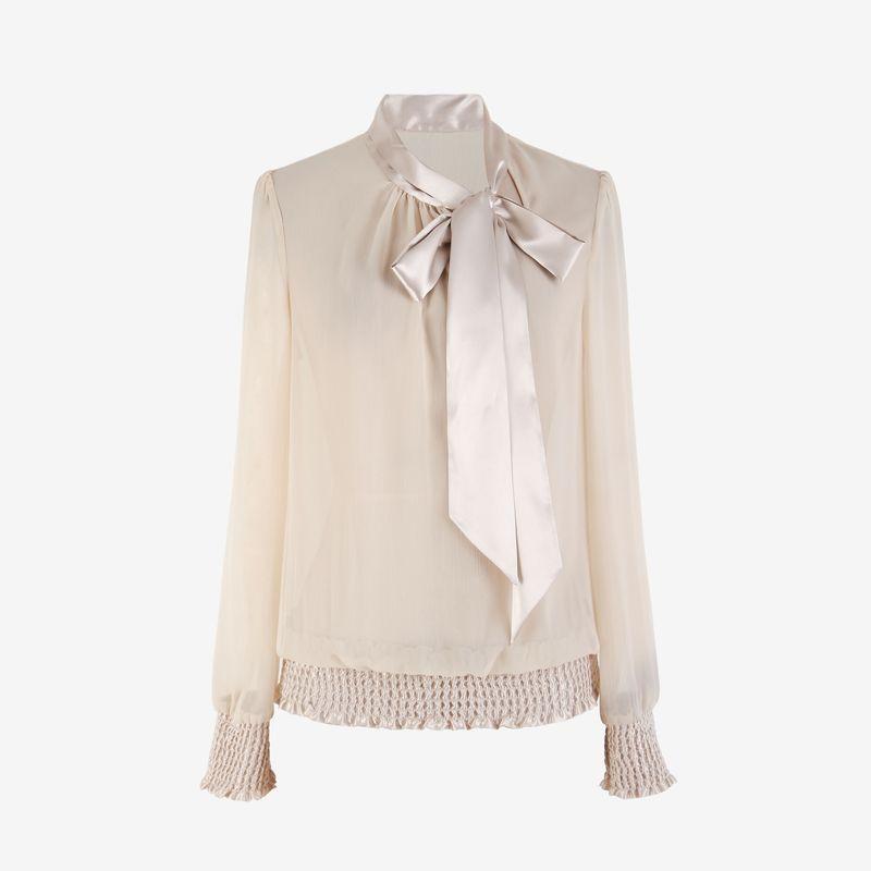 

Blue Rose Special Offer Autumn New Arrival Smooth Crepe Elegant Ribbon Women s Long-Sleeved Blouse Beige S
