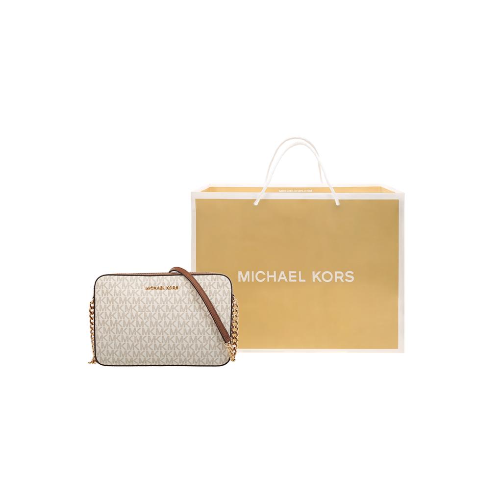 Michael Kors Mk Jet Set Long Vintage Monogram Logo Chain Leather Camera Bag Women Shoulder Bag Vanilla Brown 35F8GTTC3B-VANILLA-ACRN