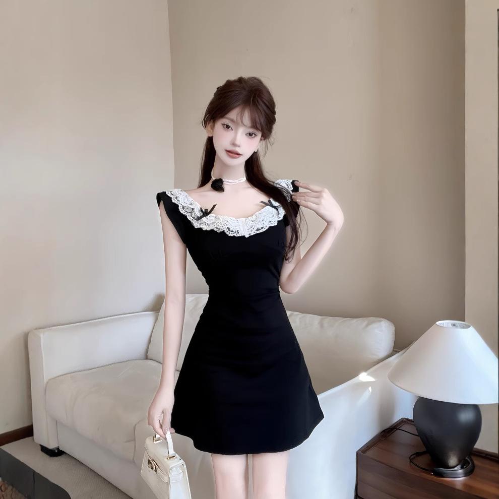 Summer new pink dress women's lace splicing bow waist skirt short skirt