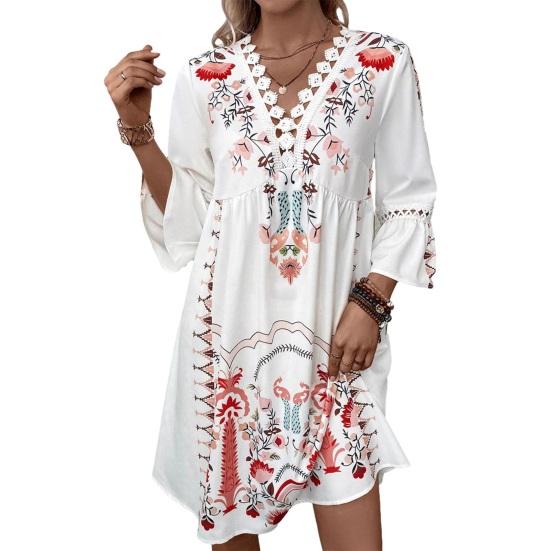 Women's Boho Floral Mini Dress Fall Long Sleeve V Neck Flowy Wedding Guest Dress Casual Beach Vacation Outfits