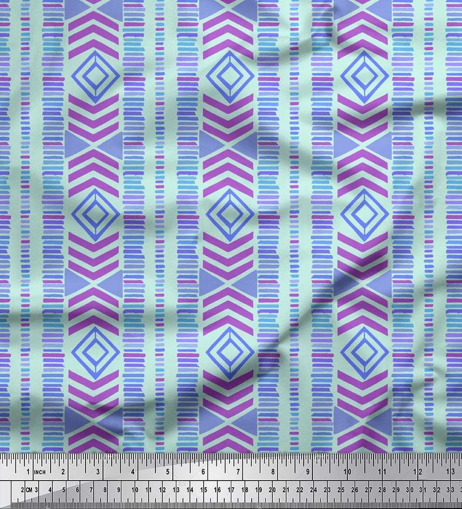 Soimoi Blue Japan Crepe Satin Fabric Aztec Geometric Print Fabric by the Metre 42 Inch