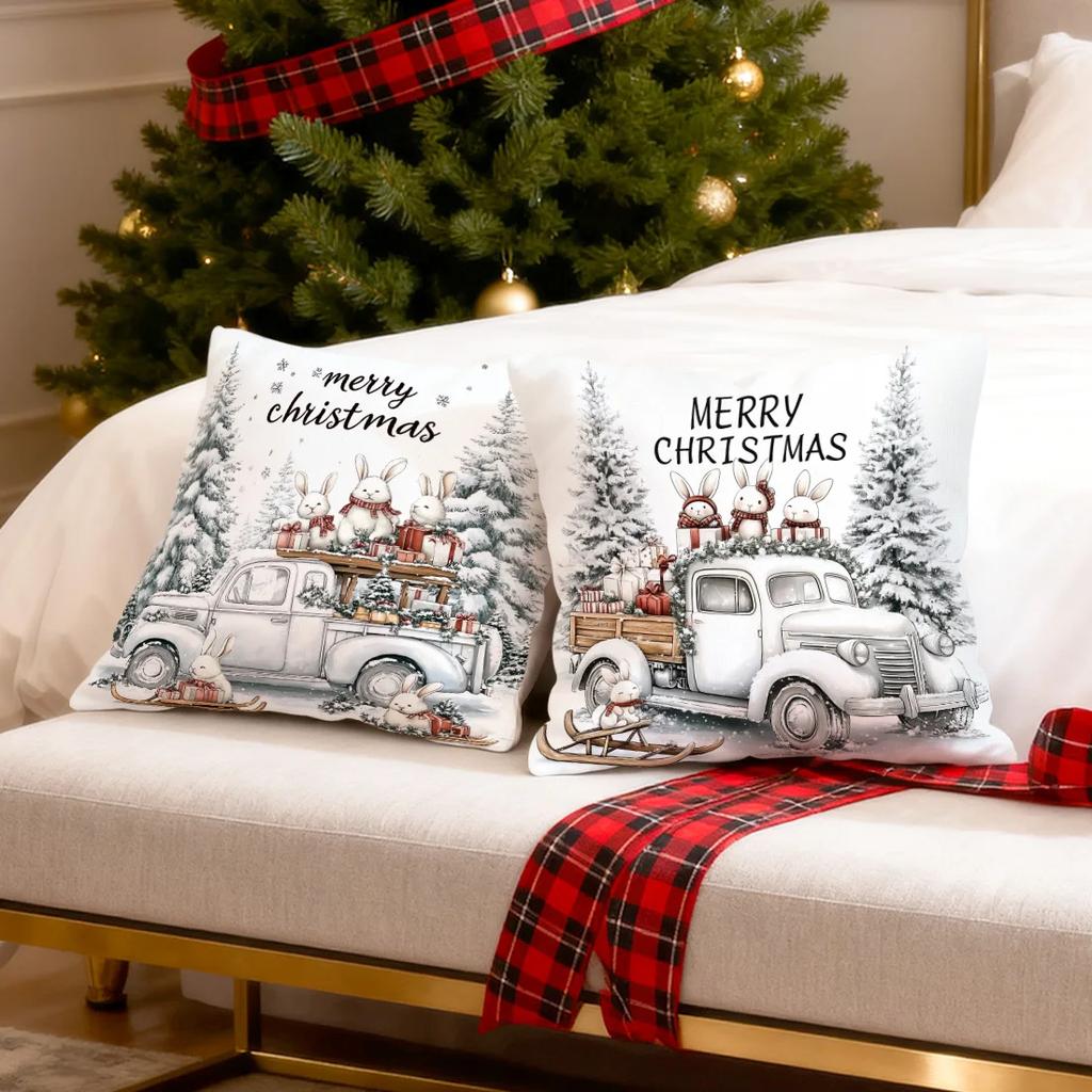 Christmas bunny gift delivery team Cushions Pillowcase Polyester Cushion Cover Throw Pillow Pillowcover Home Car Sofa Decor
