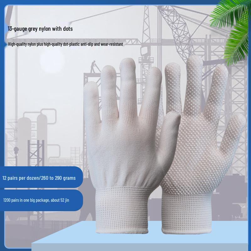 600g Protiskluzové pracovní rukavice z nylonové bavlny s tečkovaným úchopem