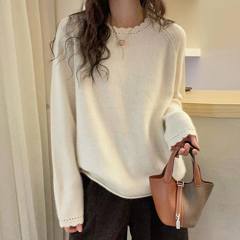 100% Wool Lazy Wind Crew Neck Wool Sweater 26 Spring Festival Loose Lace Loose And Thin Versatile Knitted Sweater Fashion