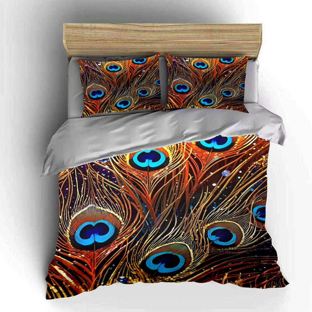Peacock Feather Design Decor Set Soft Comfortable Duvet Cover Bedding Set Included 1*Duvet Cover & 2*Pillowcases, Gift