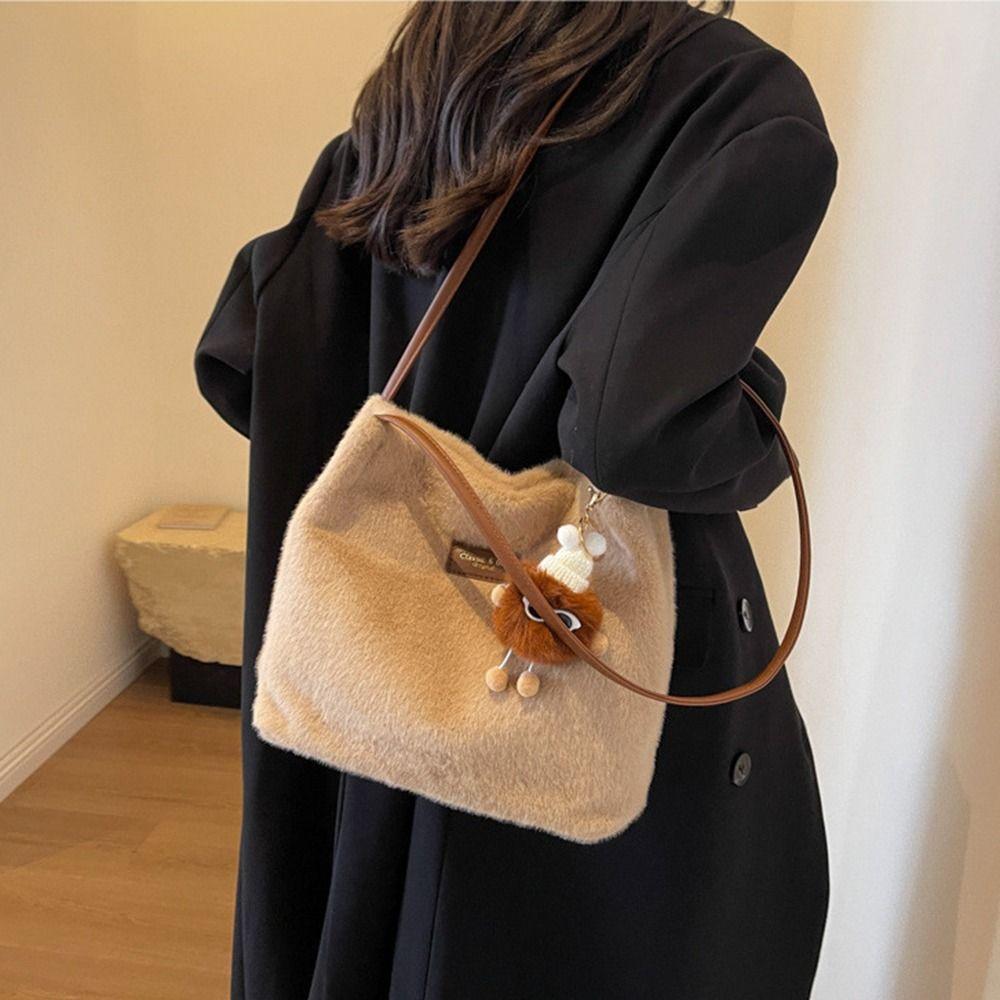 with Handle Furry Shoulder Bag Portable Women's Handbag Large Capacity Plush Tote All-Match