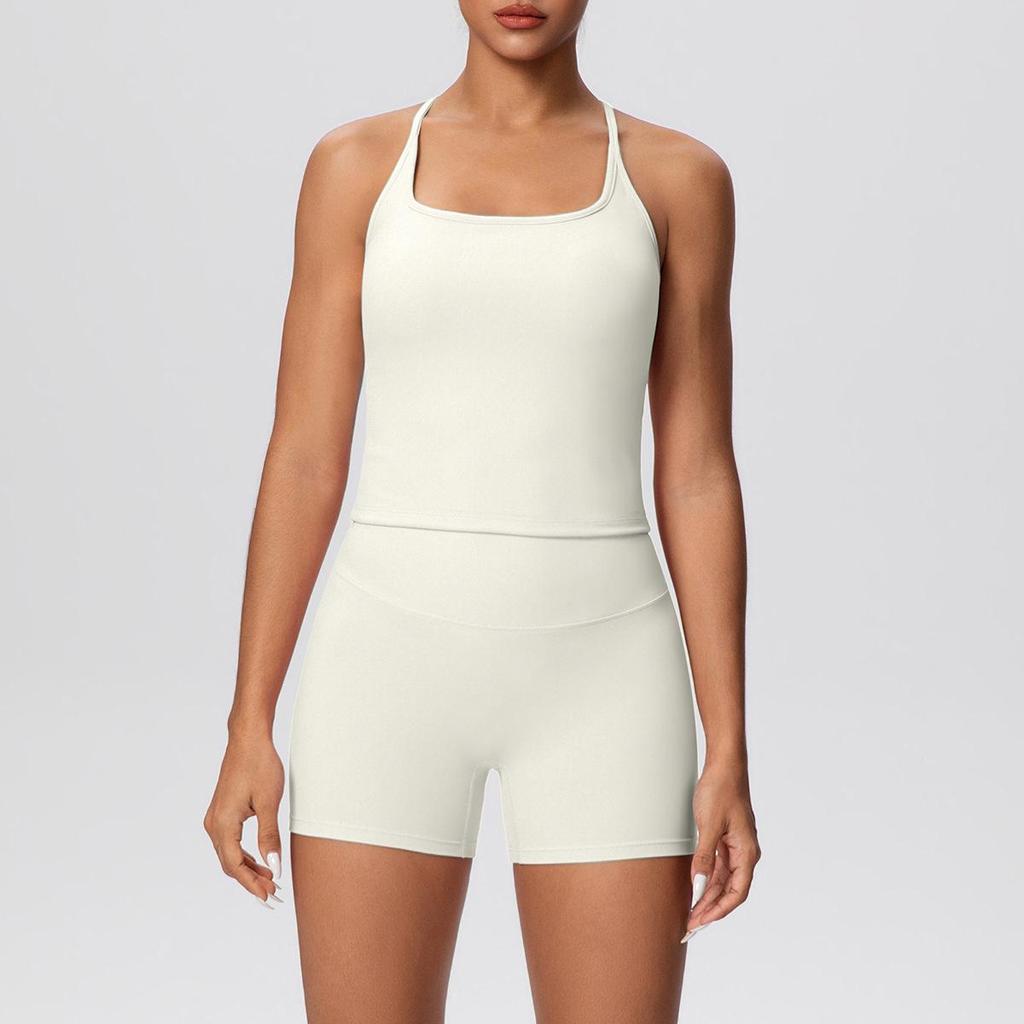 Set Yoga da Donna Transfrontaliero con Spalline Sottili, Vita Alta, Top che Scopre la Schiena e Pantaloncini Aderenti