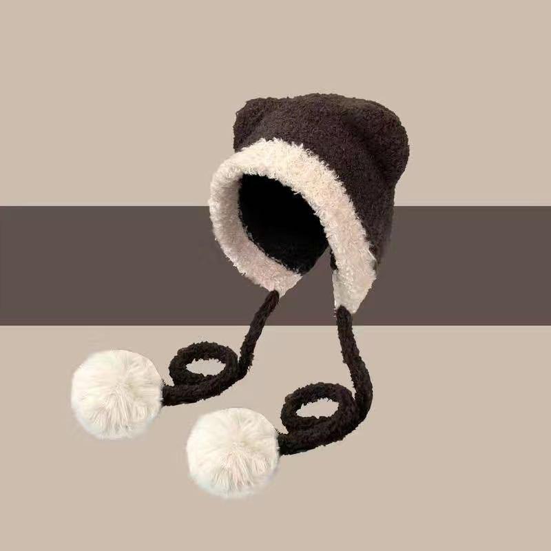 Autumn And Winter  Color Matching Bear Ear Strap Lei Feng Hat For Women Korean Cute Warm Ear Protection Knitted Wool Hat