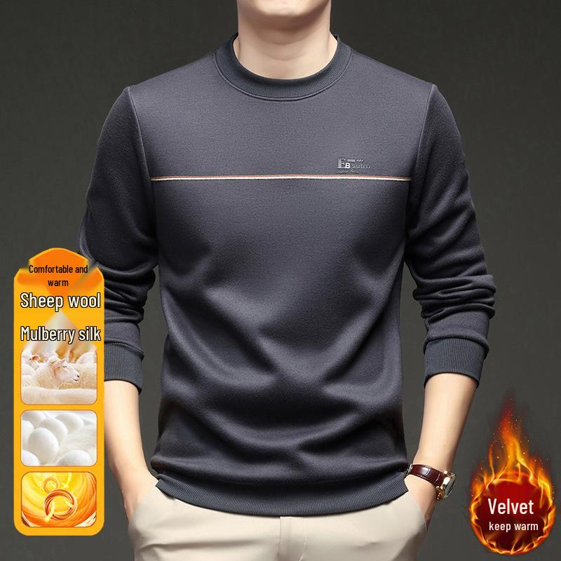 Men's Fleece-Lined Round Neck Long Sleeve Warm Wool T-Shirt
