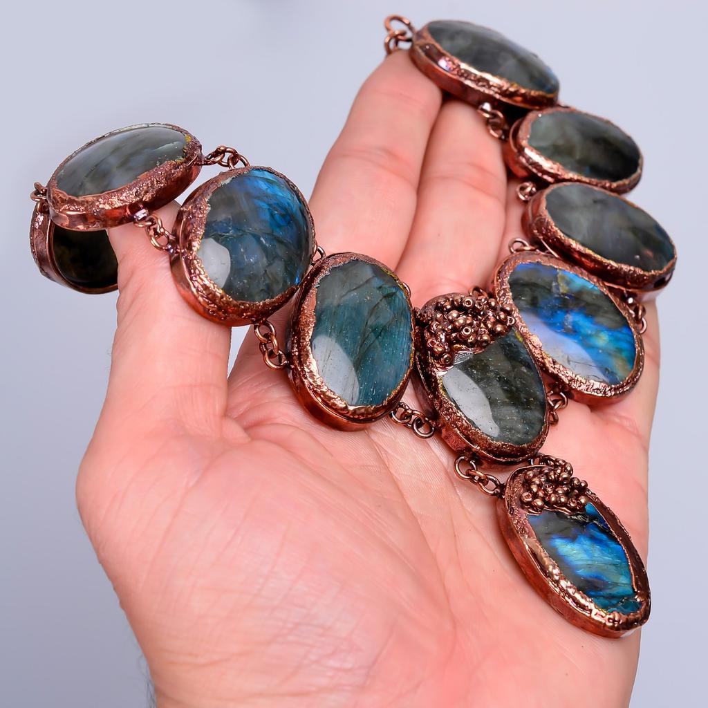 Oval Labradorite Gemstone Copper Birthday Chain Electroformed Necklace Jewelry V-85