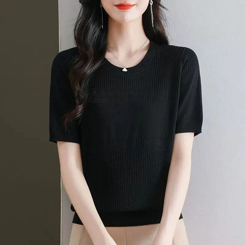 Summer Ice Silk Knitted Shirt Hollow Out Loose Top Temperament Short Sleeve T-shirt for Women