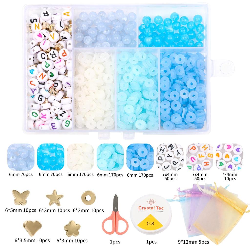 1set 6 Grid 6mm Acrylic Bead Letter Kit Flat Circular Transparent Polymer Clay Bead for Jewelry Making Kit with DIY Bracelet Necklace Elastic Rope Box