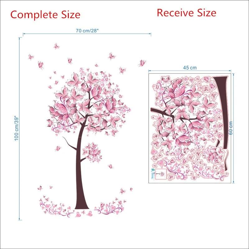 Pink Butterfly Flower Tree Wall Stickers Decals Girls Women Flower Mural Vinyl Wallpaper Home Living Room Bedroom Decor
