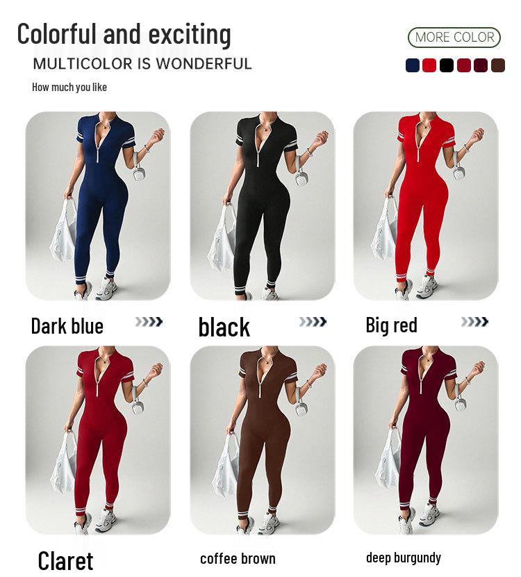 Cross-Color Yoga Jumpsuit: Short Sleeve, Zipper, Nine-Point Design for Women