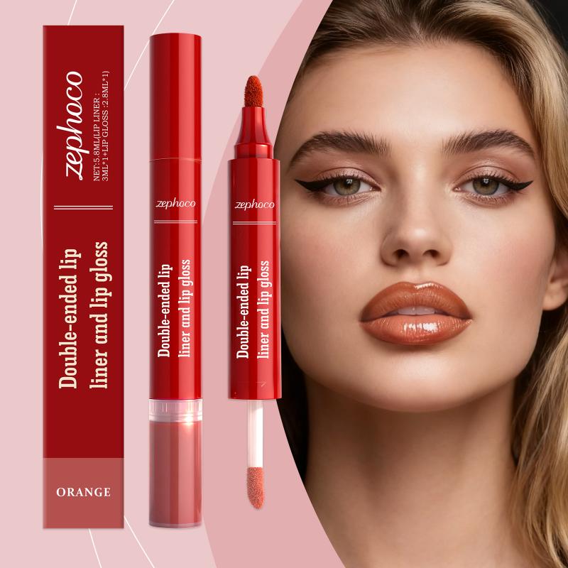 Double-headed Liquid Lip Gloss Pen Lip Contour Liner Oil 2 In 1 Lip Glaze Long Lasting Moisturizing Plumping Lips Stain Makeup