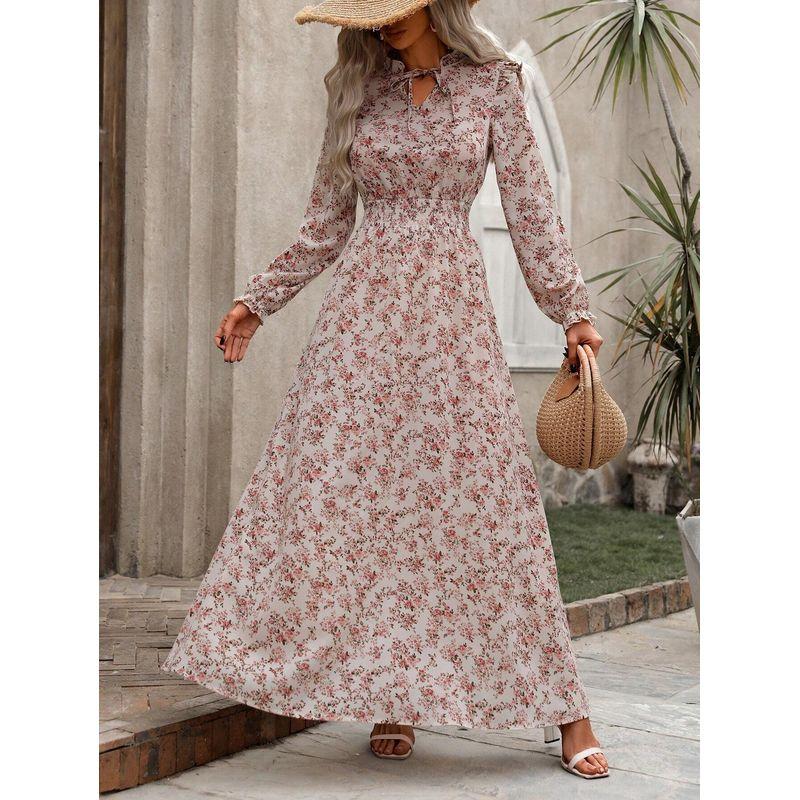 

Spring & Fall New Arrival Fashion Fashion V-neck Lace-up Leopard Print Floral Tight Waist Long Sleeves Dress Long Dress Women Dress 202003 apricot L
