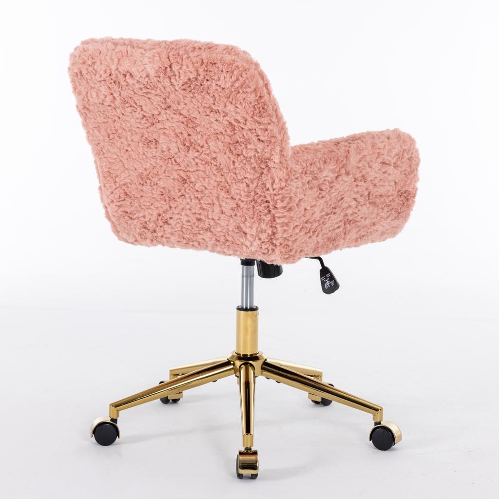 Flauschiger Kunst-Kaninchenfell-Schminktischstuhl, Rosa Höhenverstellbar 360 Grad Drehbar Home-Office-Stuhl mit Armlehne, Goldene Metall-Rollbasis,DE1831PK