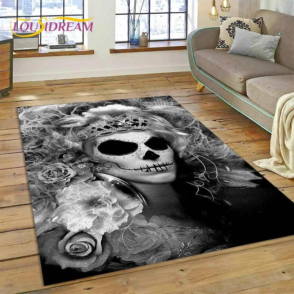 Skull Dead Girl Gothic Horror Female Rose Carpet Rug for Bedroom Living Room Home Sofa Decoration,Kid Game Large Decor Floor Mat