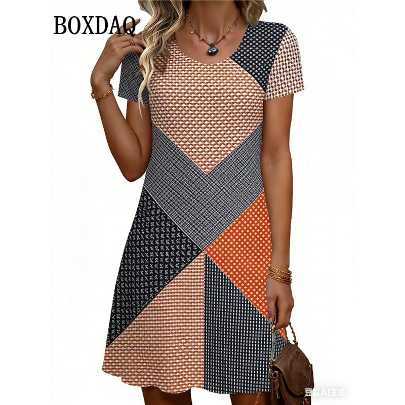 Элегантное модное летнее женское платье с коротким рукавом в этническом стиле с геометрическим 3D-принтом, платье А-силуэта, повседневная одежда для женщин S