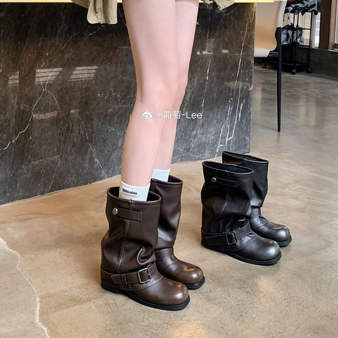 Grape mother same fashionable round head wasteland wind pleated buckle belt versatile comfortable thick sole thick heel western short bo
