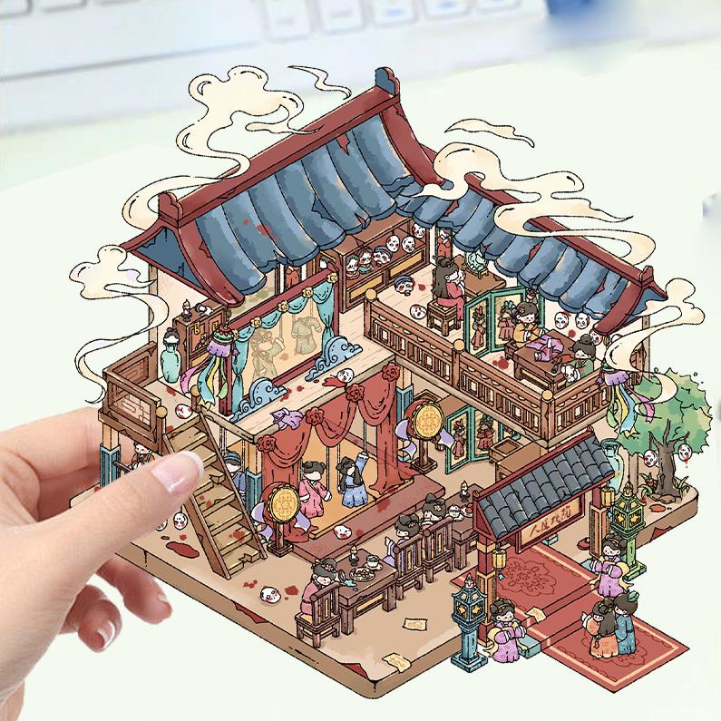 Kreslené krajinné samolepky Vícenásobný miniaturní svět 3D chata Rozbalit DIY scéna Ruční příspěvek