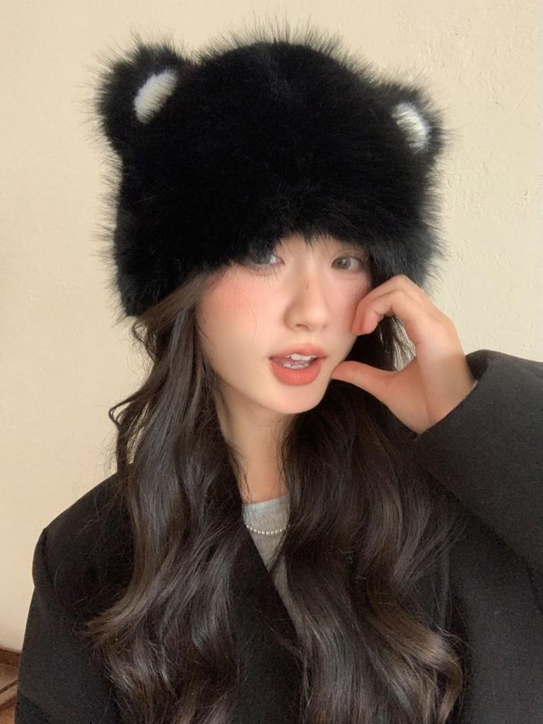 Cute and Cute Cat Ears Imitation Leather Fluffy Fluffy Hat Winter Warm Windproof Ear Protection Hat Head Hat