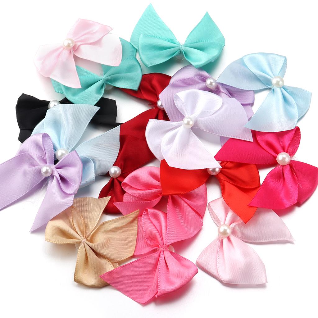 20pcs Polyester Satin Ribbon Bows 5.5x6cm Colorful Half Bead Hand Tied Bowknots For DIY Crafts Party Clothing Headwear Finding
