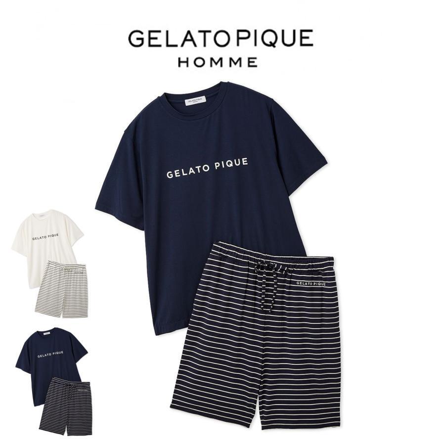 Gelato Pique Homme Rayon Logo T-shirt & Border Half Pants Set pmct261368 Gelato Pique Men s Room Wear Pajamas Top and Bottom Set