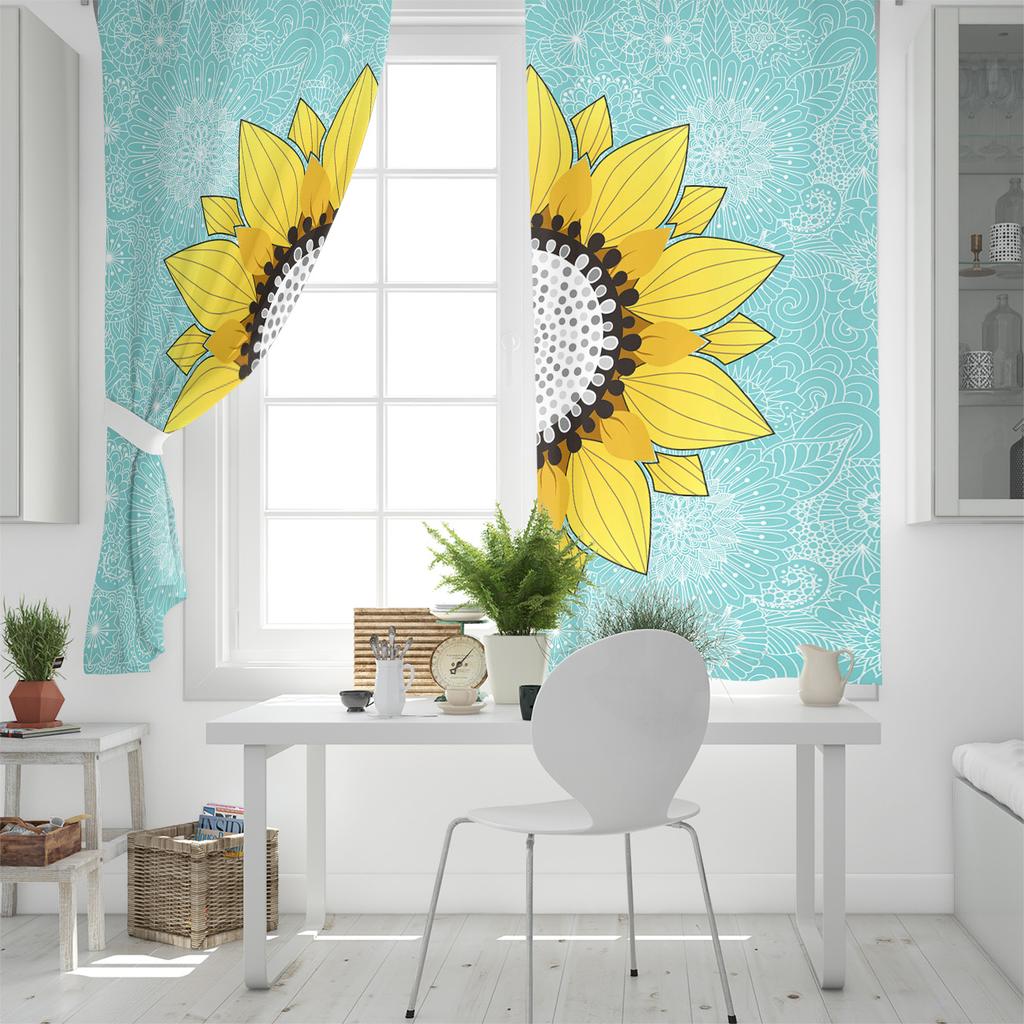 Sunflower And Mandala Teal Green Kitchen Curtains Bedroom Decor Items Curtain Panel Window Curtains for Living Room