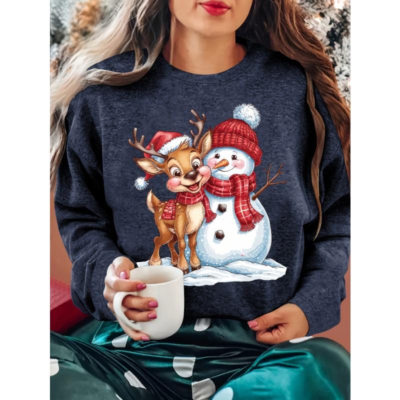 Women'S Christmas Apparel Autumn Women'S Clothing Snowman Reindeer Graphic Round Neck Long Sleeve T-Shirt