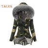 Women Winter Down Coat Faux Fur Fleece-lined Zip-up Press Button Closure Windproof Mid Length Jacket Camouflage Print Slim Fit Outerwear