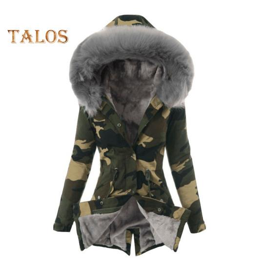 Women Winter Down Coat Faux Fur Fleece-lined Zip-up Press Button Closure Windproof Mid Length Jacket Camouflage Print Slim Fit Outerwear