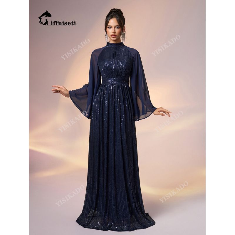 Cross-Border Women s New Style Dress, Elegant Sequined Raglan Sleeve Long Evening Gown, Wedding Dress Navy blue S