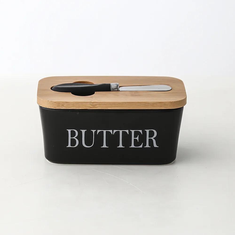 Butter Box Sealing Tool, Wood Lid Knife, Food Dish, Ceramic Keeper, Cheese Storage Tray Plate Container For Kitchen