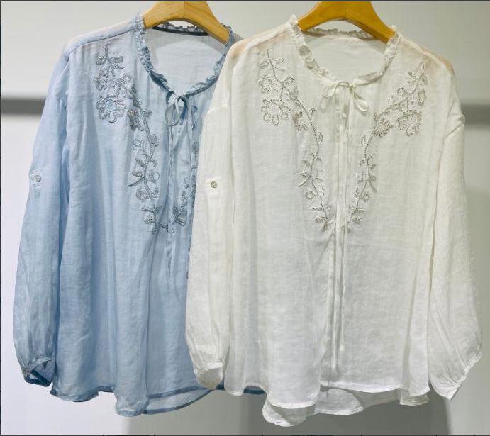 Cămașă Endi pentru Femei, Galben Deschis, Decolteu în V, cu Volane, Șireturi, Broderie cu Mărgele, din Ratin