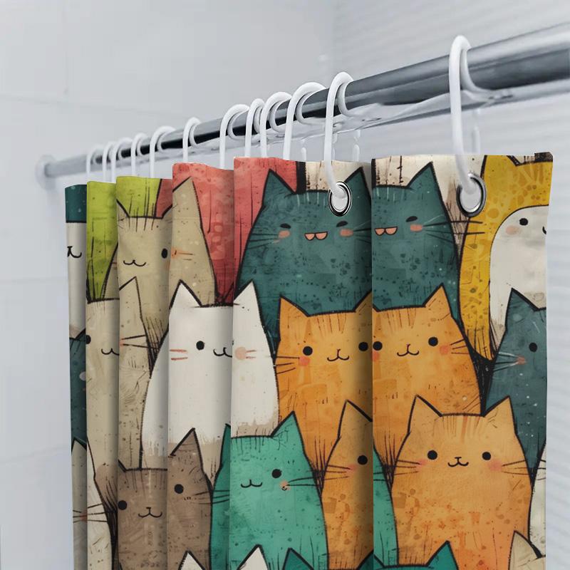 Adorable Cat Shower Curtain Multi-Colored Cartoon Cats Bathing Room Decor Waterproof Fabric 3D Printing Shower Curtains For Home