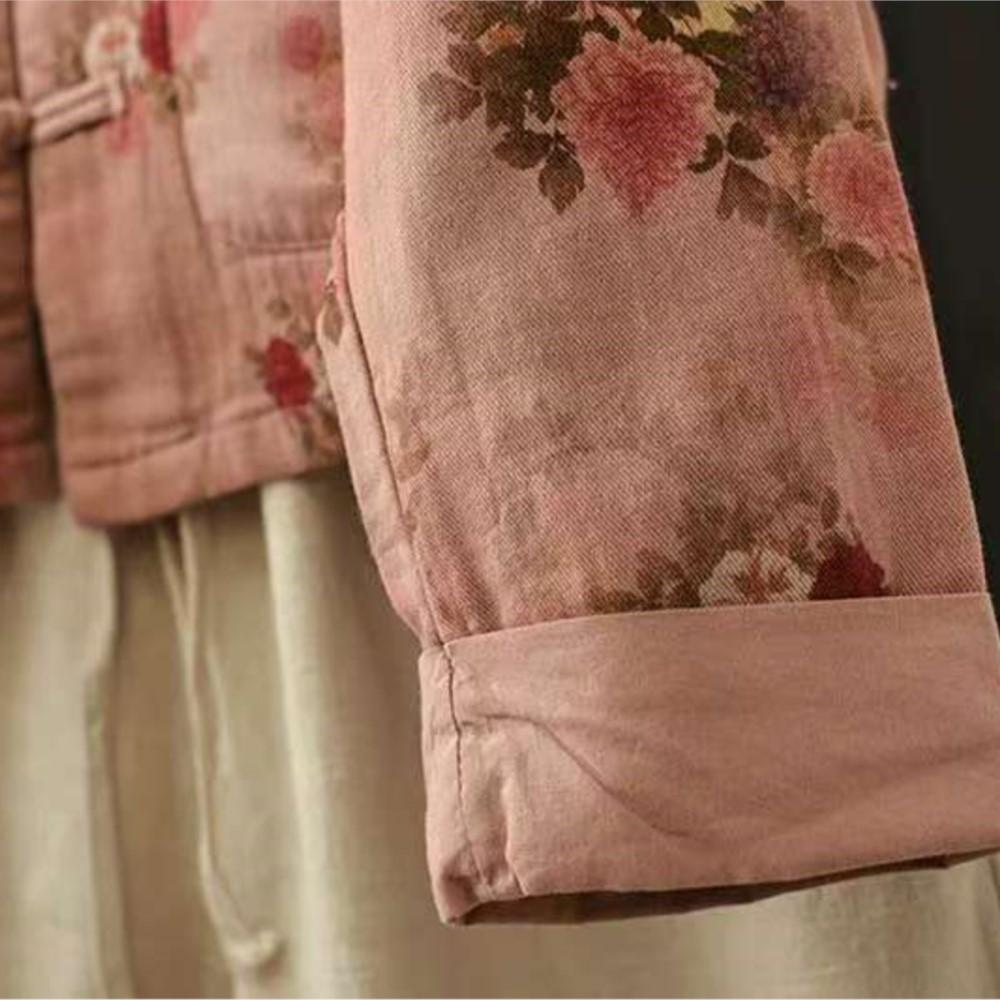 Johnature Women Vintage Print Floral Jackets Stand Long Sleeve Autumn Coats Loose Patchwork Pockets Chinese Style Jackets