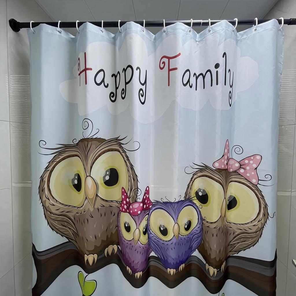 Tenda da Doccia in Tessuto, Poliestere Impermeabile Asciugatura Rapida Bordo Ponderato Set Tende da Doccia Per Bagno (Gufo dei cartoni animati, 72" L X 72"