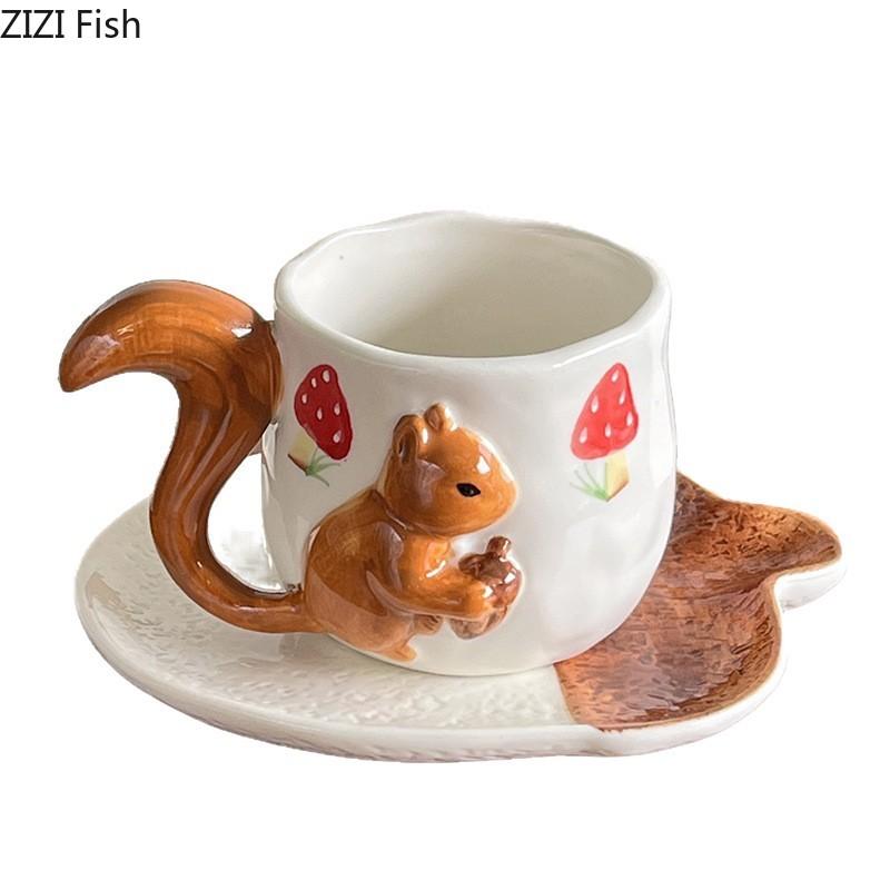 Squirrel Maple Leaf Relief Porcelain Cup&saucer Coffee Mug Dining Table Flower Mugs Afternoon Tea Teacup Fruits Juice Cup