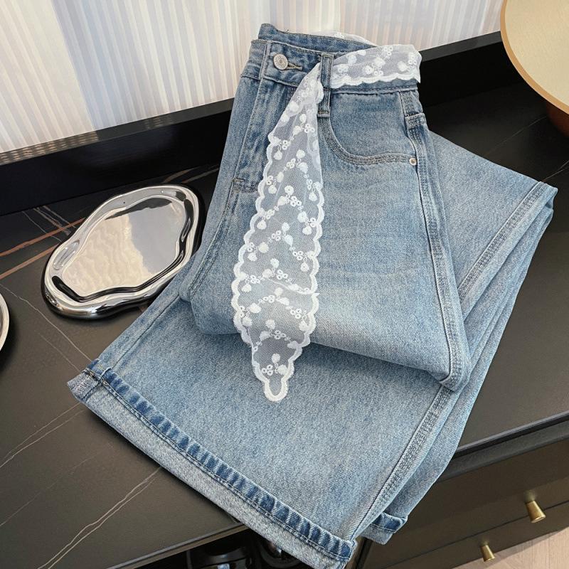 Korean Style High Waist Cuffed Denim Wide-Leg Pants with Lace Belt