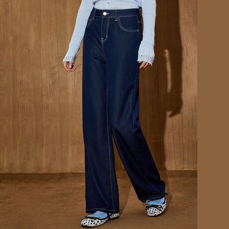 Coolhut2025 Autumn and Winter New Women's Fashion Casual Dark Blue Slimming and Flesh-Covering Women's Straight Wide-Leg Pants